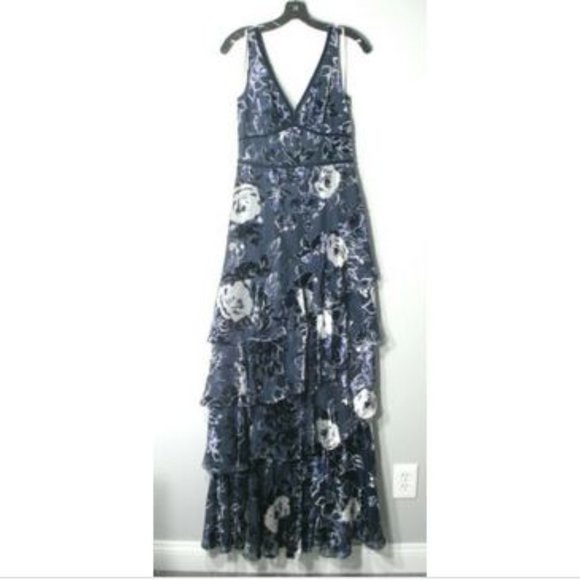 NWT Marchesa Notte Blue Floral Sleeveless Tiered Burnout Gown Dress 2 - Picture 4 of 12